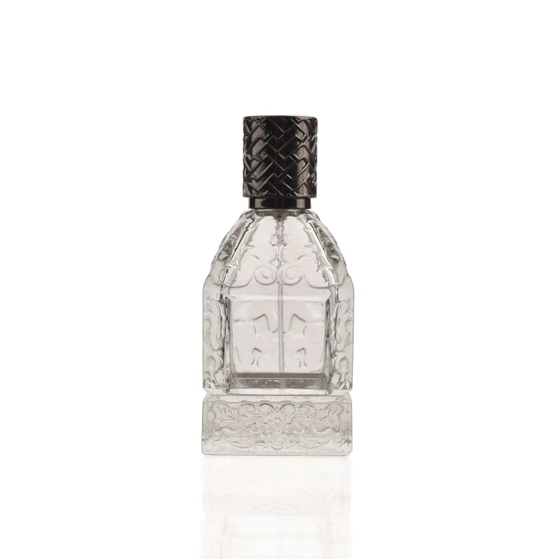 Hot Sale 70ml Luxury Glass Perfume Bottle with Black Pump Cap Screen Printed Surface
