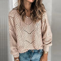 Women Round Neck Sweater Hollowed Out Solid Color Pullover Knitted Sweater
