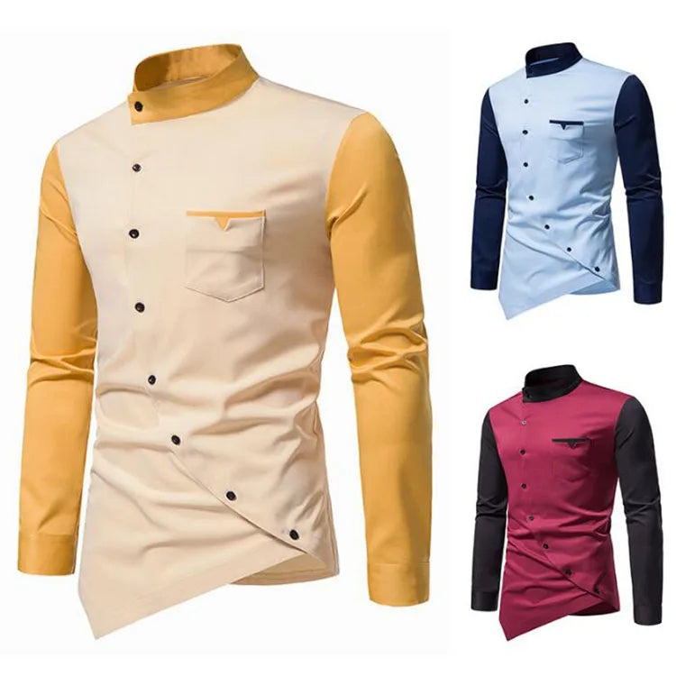 Vintage Shirts for Men Patchwork Irregular Oblique Button Long Sleeve Mens Dress Clothes Wedding Business Shirt