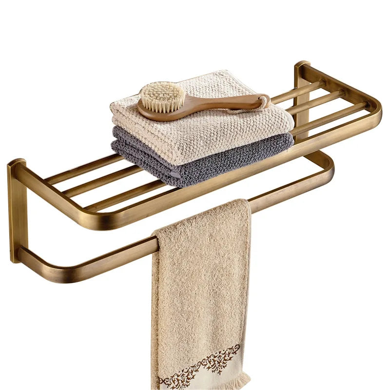Antique Brass Seven-Piece Bath Hardware Wall Mount Set Brass Bathroom Towel Rack Storage Rack