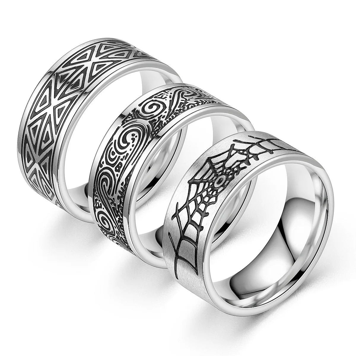 Creative Gothic Totem Rings 8mm Wide Band Rings Vintage Engraved Triangle Spiderweb Waves Stainless Steel Rings for Men