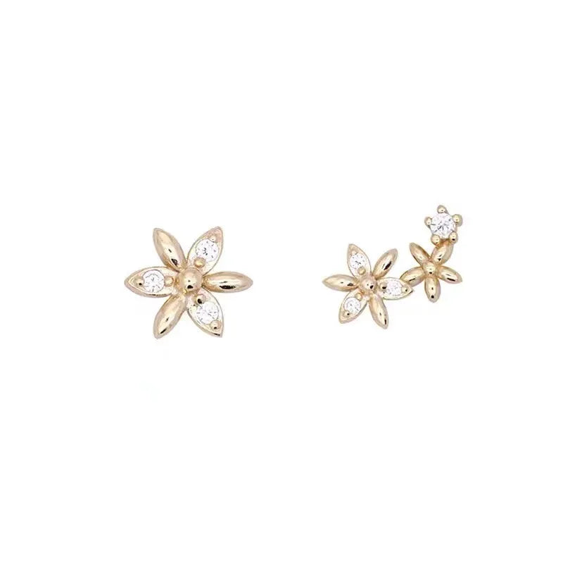 18K Gold Plated Pure 925 Sterling Silver Korean Fashion Zircon Mini Asymmetrical Flower Shaped Stud Earrings for Women Girls