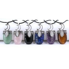 New Arrival Moon Inlaid Glitter Stone NecklaceRose Quartz Amethyst Opal Tiger Eye Necklace