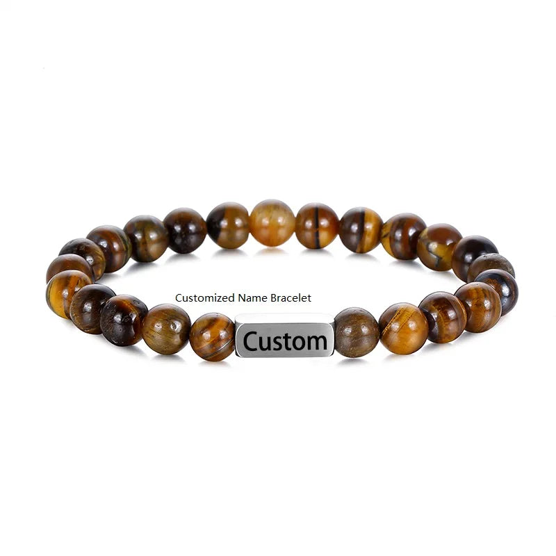NEWNORTH Customized Bracelets Stainless Steel Nameplate Custom Name Tiger Eye Stone Bead Bracelet for Men