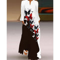 Women's Long Floor-Length Dress with V-Neck & Long Sleeve Butterfly Digital Print Casual Beach Dress with Pocket