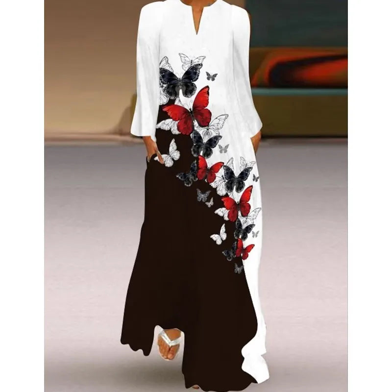 Women's Long Floor-Length Dress with V-Neck & Long Sleeve Butterfly Digital Print Casual Beach Dress with Pocket
