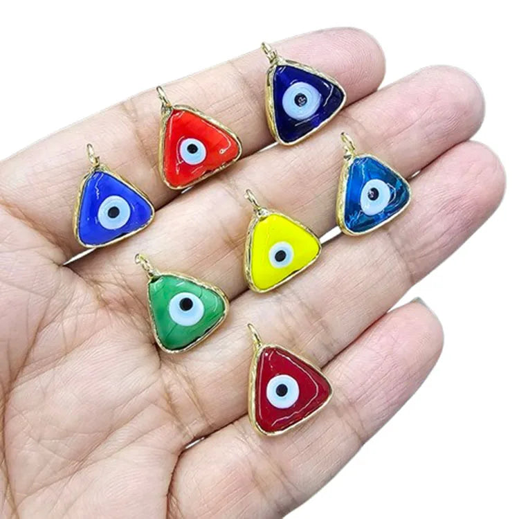 JS1787 Gold Plated Multicolor Lampwork Glass Evil Nazar Eye Triangle Charm Pendants Amulet Talisman Protective Lucky Pendant