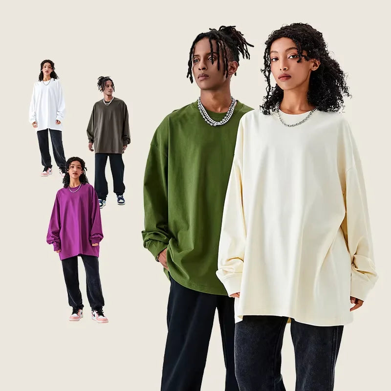 305g Formal Blank Long Sleeve T-shirt for Men Pure Cotton Regular Fit O-Neck Top Solid Color Base Shirt