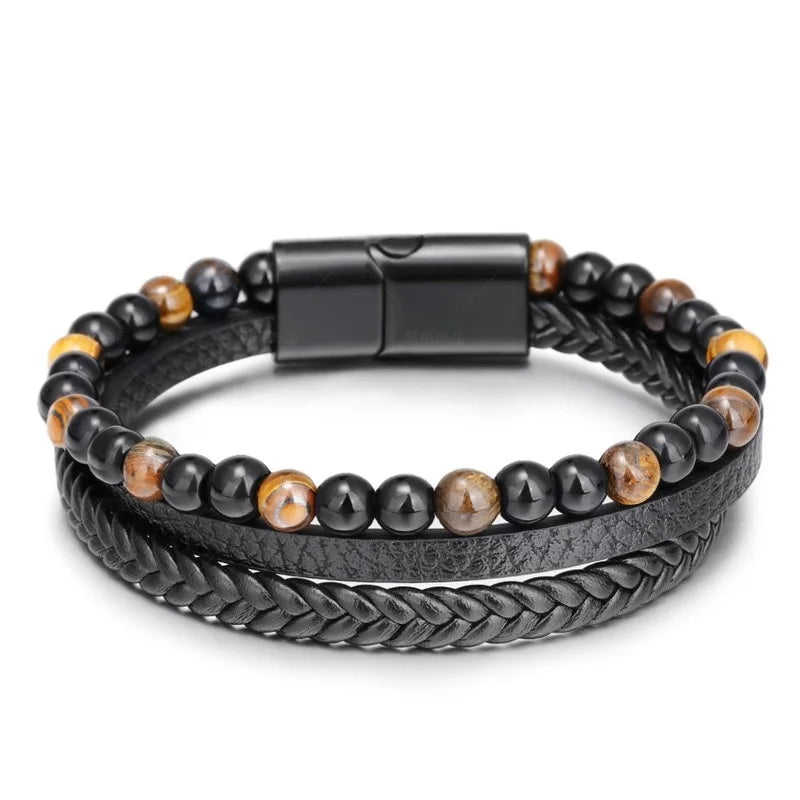 Simple Handmade Leather Natural Tiger Eye Stone Volcanic Stone Bracelet