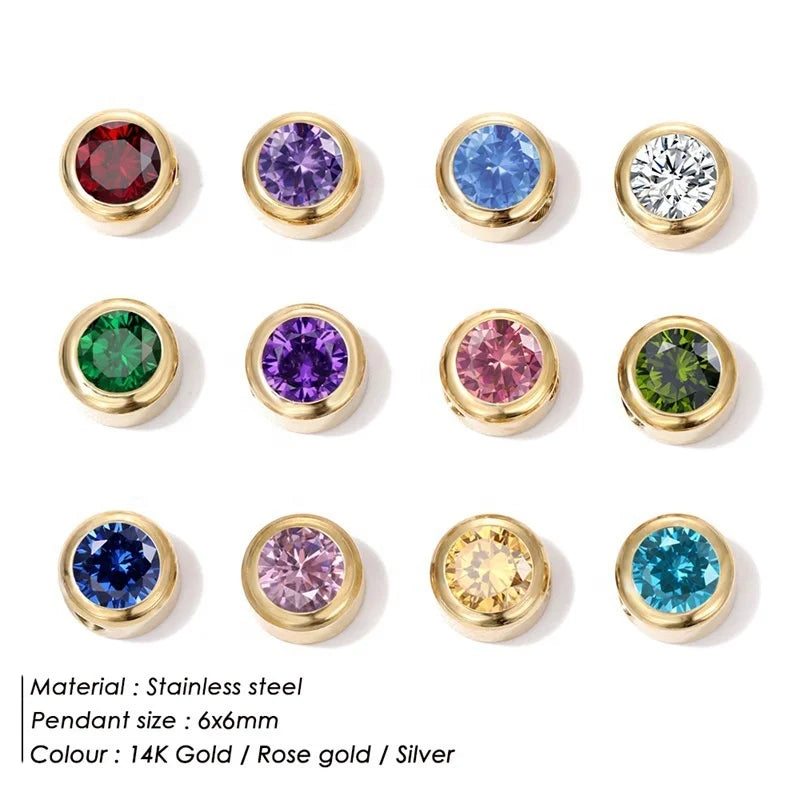 Waterproof 12 Month Birth Stone 14K Gold Stainless Steel 6MM Crystal Birthstone Pendant Charm for Jewelry Accessories