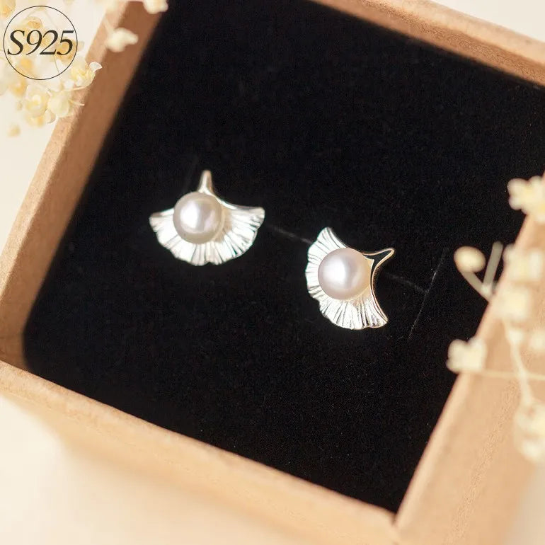 925 Sterling Silver Small Gingko Leaf Shape with Freshwater Pearl Ear Studs Earrings Fine Jewelry for Women