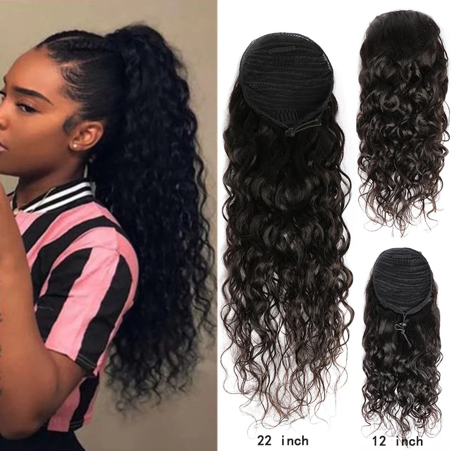 100% Remy Human Hair Water Wave 1B# Natural Black Drawstring Ponytail Brazilian Style for Black Women