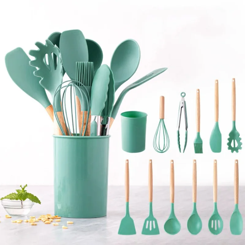 Grip Dishwasher Microwave & Oven Safe Home Kitchen Classical 12 Piece Silicone Cooking Utensils Set with Wood Handle