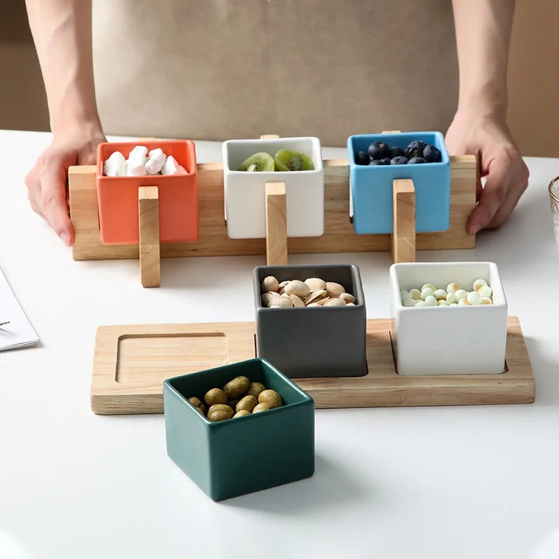 Eco-Friendly Modern Appetizer Sets Table Decorative Bamboo Serving Tray with 3-Piece Color Ceramic Bowl Set for Dessert Snacks