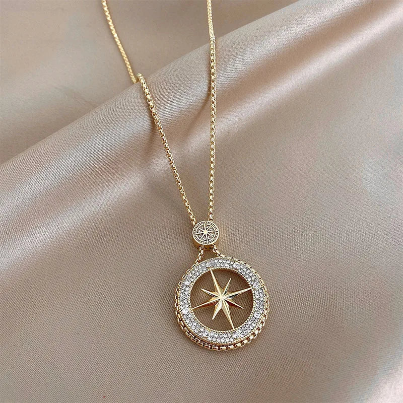 Elegant Winter Luxury Accessory Women's Trendy Sparkling Octagram Star Pendant Necklace Link Chain Long Layering Alloy Jewelry