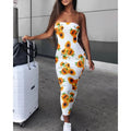 Spring and Summer New Ladies off Shoulder Dress Fashion Women's Sunflower Print Long Tight Dress Casual Wild Sleeveless Dress