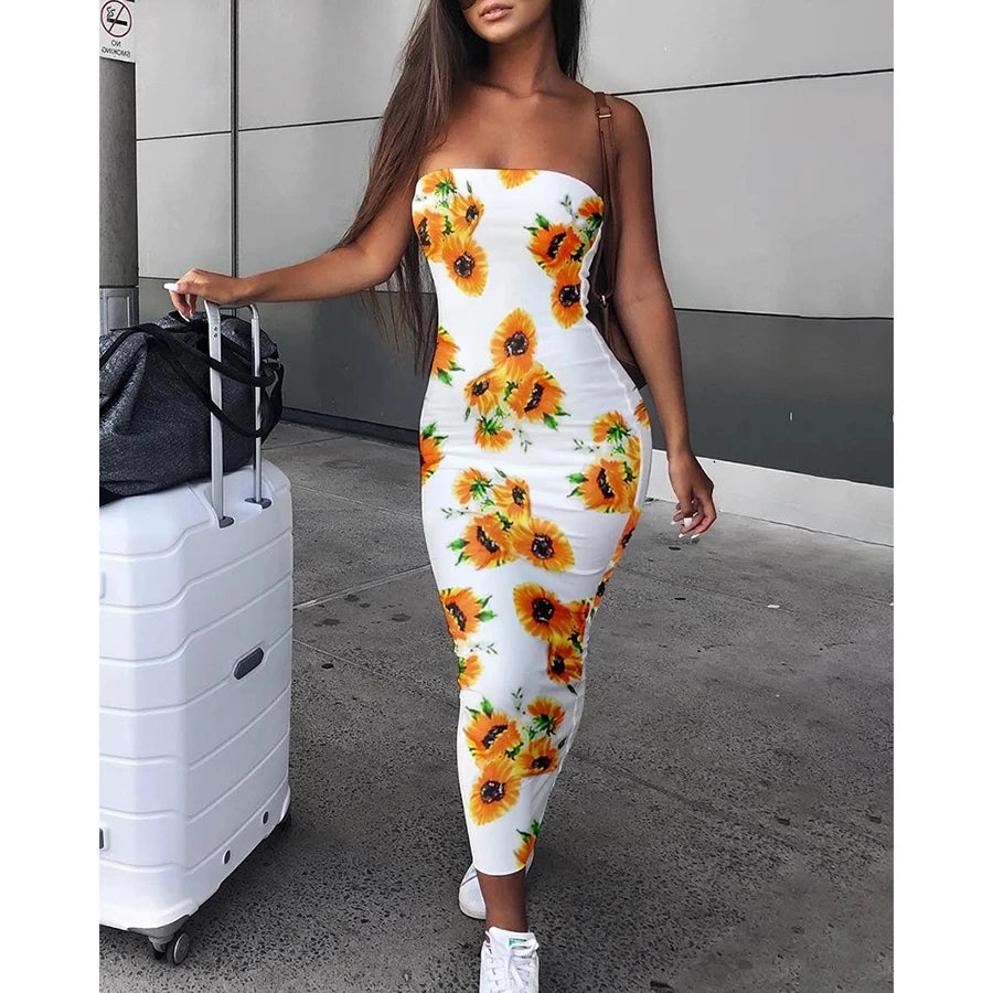 Spring and Summer New Ladies off Shoulder Dress Fashion Women's Sunflower Print Long Tight Dress Casual Wild Sleeveless Dress