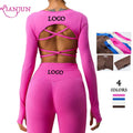 Custom Logo Activewear Gym Fitness Sets Seamless Long Sleeve Top Sports Bra Scrunch Butt Leggings Workout Set for Women