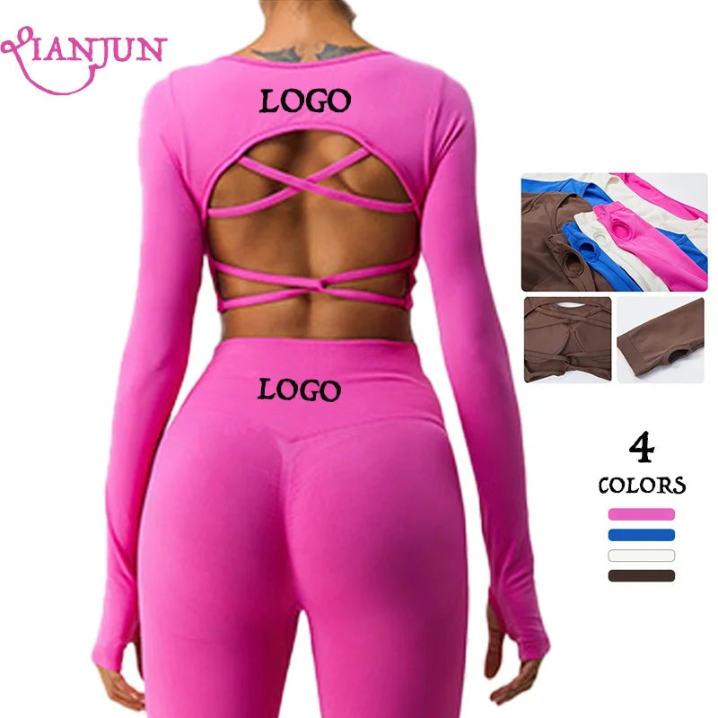 Custom Logo Activewear Gym Fitness Sets Seamless Long Sleeve Top Sports Bra Scrunch Butt Leggings Workout Set for Women