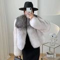 Luxury Winter Warm Real Cropped Fox Fur Coat Women With Big Silver Fox Fur Collar
