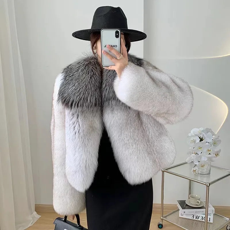 Luxury Winter Warm Real Cropped Fox Fur Coat Women With Big Silver Fox Fur Collar