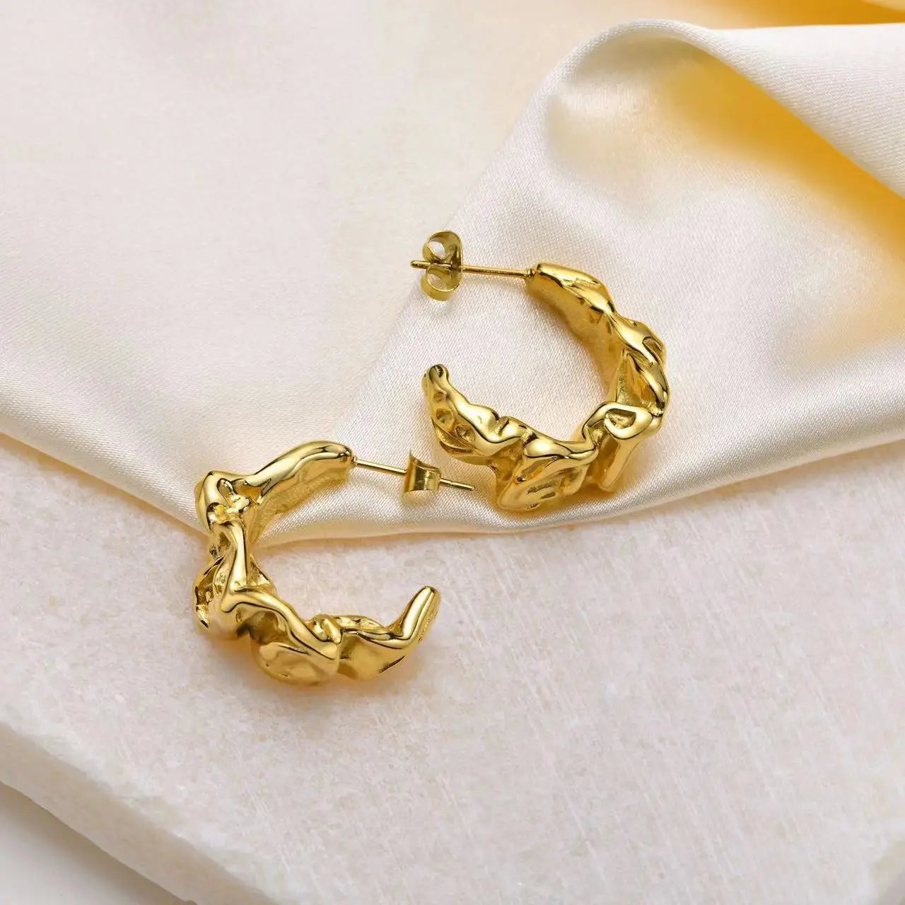 Vintage Style Trendy Gold Plated Stainless Steel Pleated Wave Lava Texture Geometric Hoop Earrings