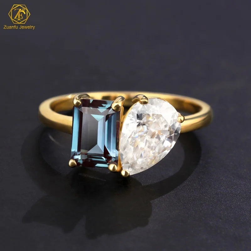 Trendy Fine Jewelry Gemstone Rings Pear & Emerald Cut Moissanite Ring Changed Color Alexandrite 925 Silver Wedding Ring