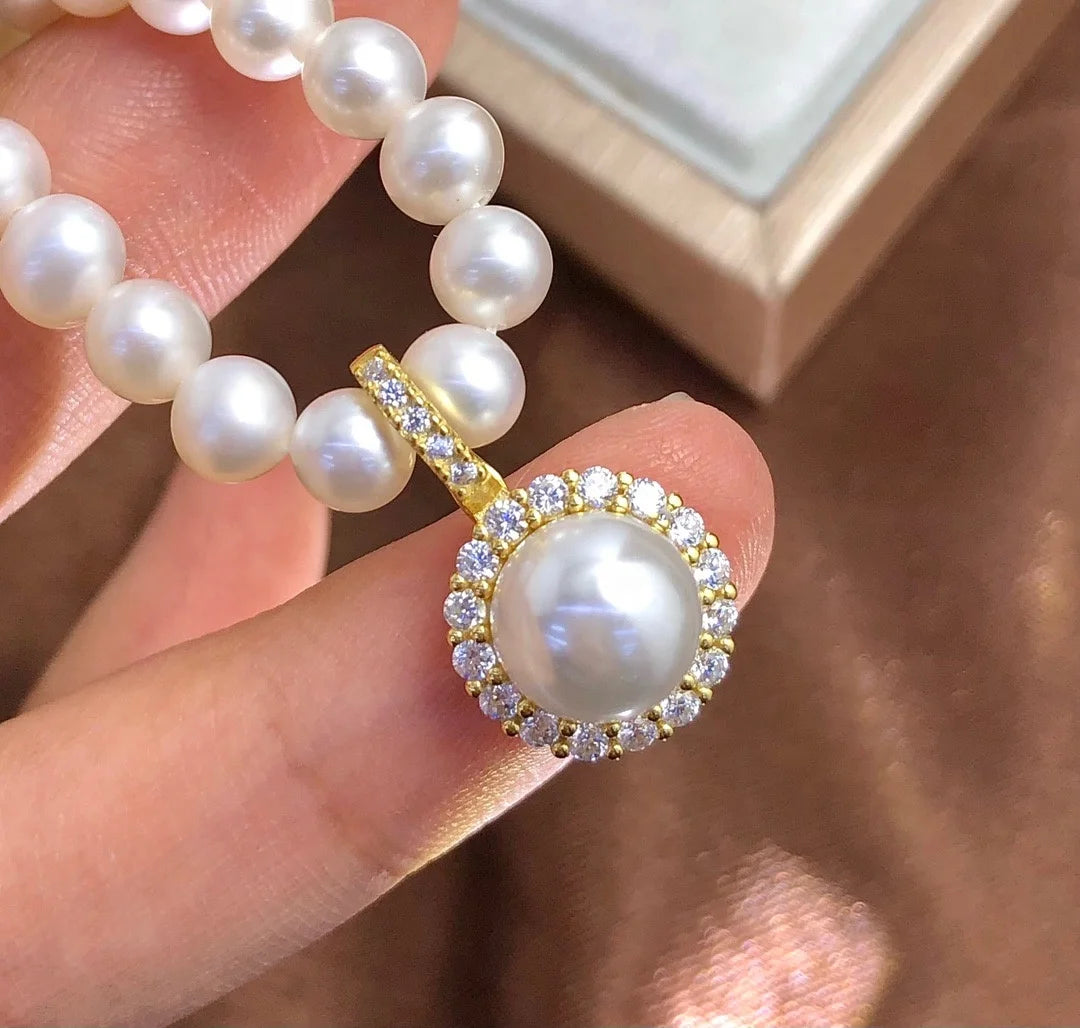 P1382 9-10mm DIY Natural  Freshwater Pearl Charm Pendant Necklace Accessory 925 Sterling Silver Jewelry for Women Without Chain