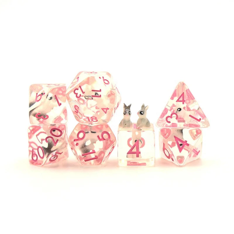 Custom logo Dnd Polyhedral Dice Set Oem Animal Rabbit pink Resin Dice