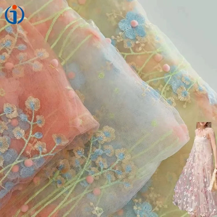ODM Luxurious Polyester Light Colorful 3D Pink Handmade Flowers Floral Bobbles Embroidered Tulle Mesh Lace Fabric for Party