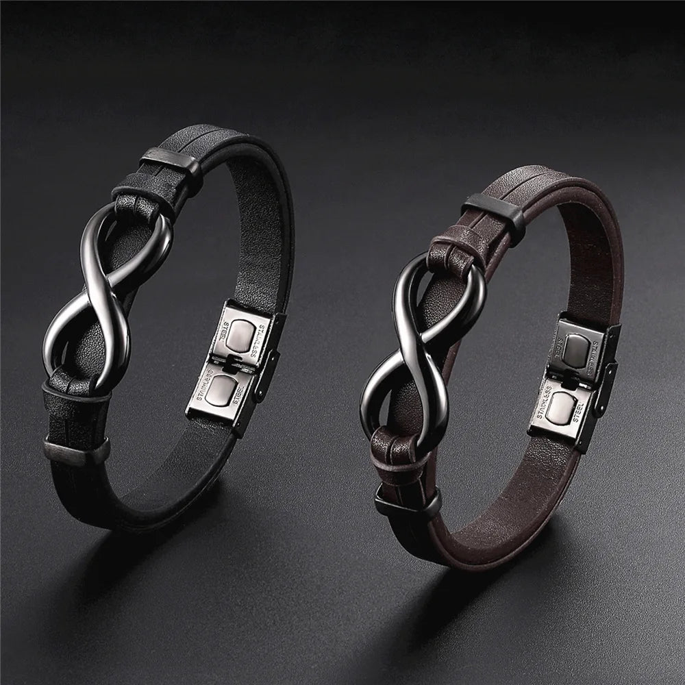 Fine Jewelry Custom Infinity Bangle Charm Leather Stainless Steel Bracelet for Men