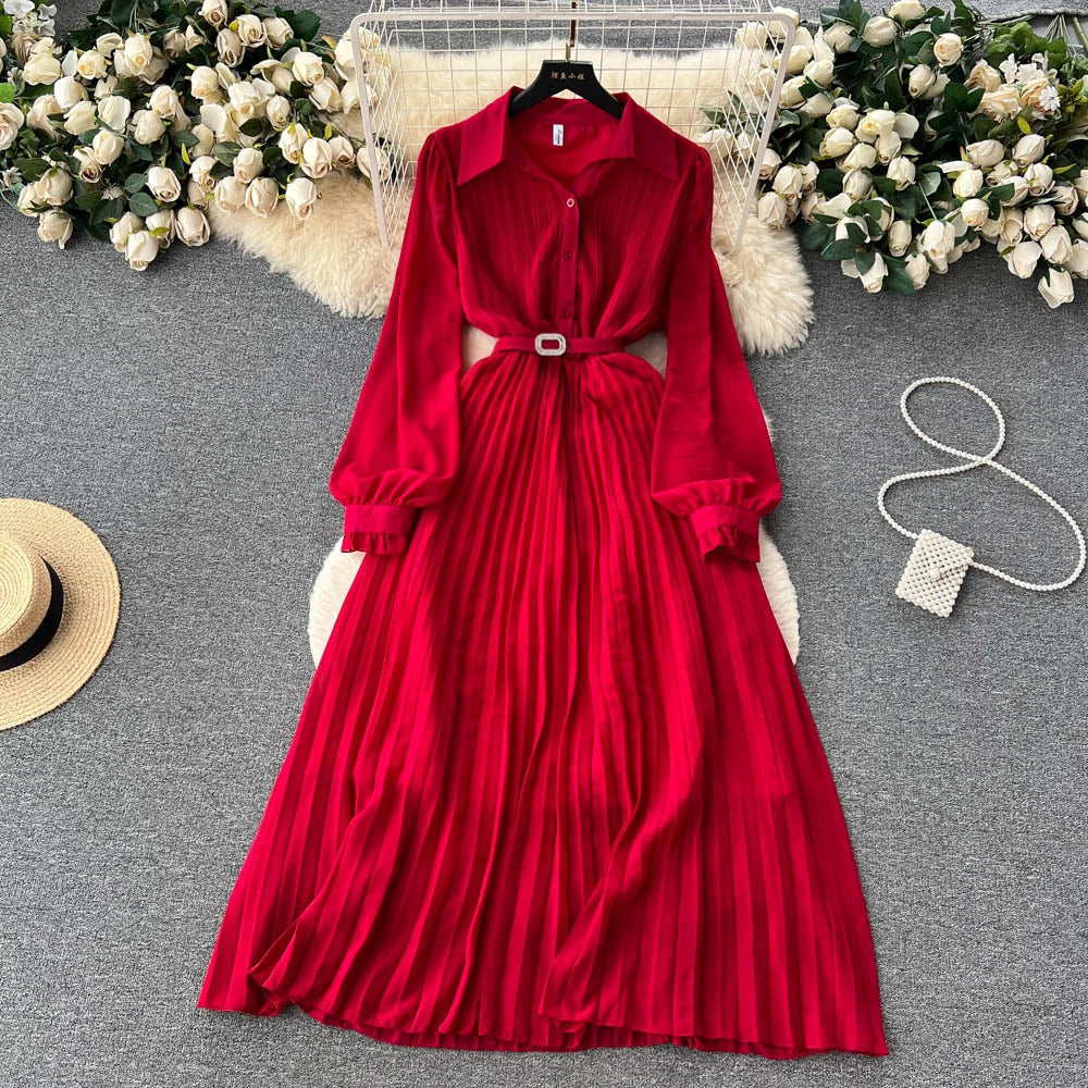 Red Vintage Long Sleeved Shirt Dress With Pleated Waist and Slim Dresses for Women Embroidered Casual Dresses