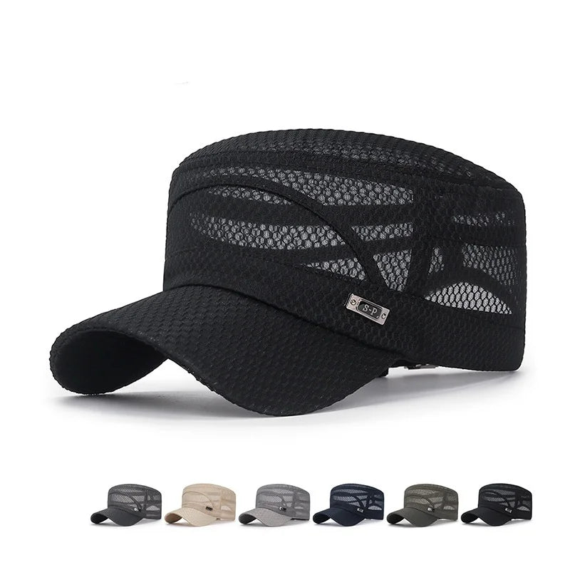 Sport Mesh Caps Men Outdoor Breathable Cadet Cap Flat Top Hat Cycling Running Sun Hat Adjustable Cap Unisex