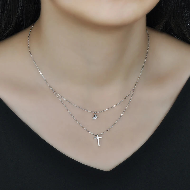 Adjustable Size Zircon Inlaid S925 Sterling Silver Women's Cross Double Chain Necklace with Heart