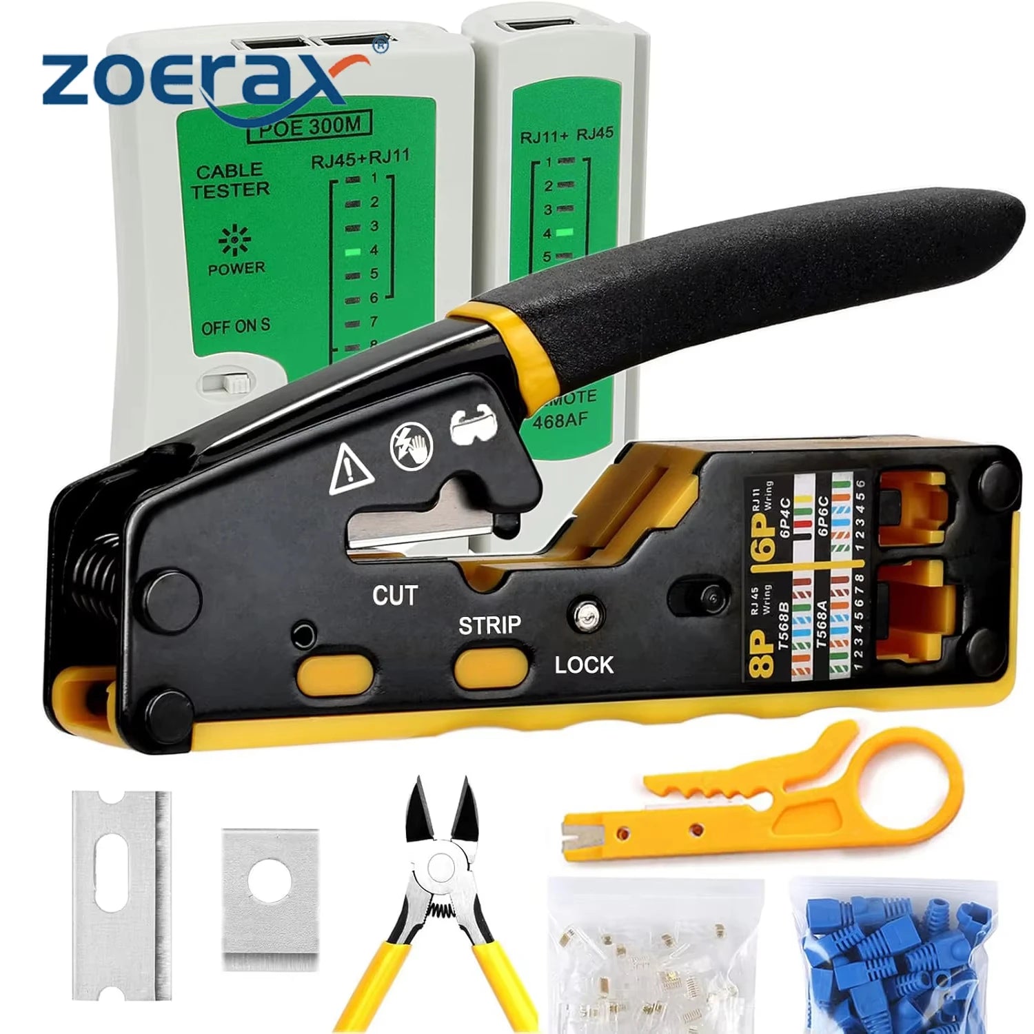 ZOERAX 7 in 1 Network Pass Through RJ45 Crimp Tool Kit Ethernet Tester Kit CAT5 Cat5e Cat6 Crimping Pliers
