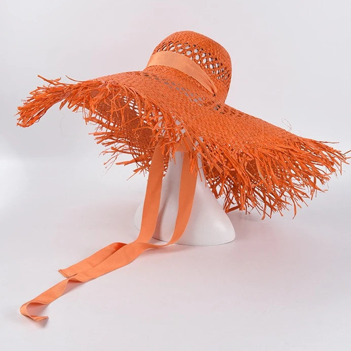 Wholesale Hot Sale Fashion New Trendy  Extra Large Frayed Brim Hollow 70cm Beach Sun Woman Lady Colourful  Floppy Straw Hat