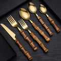 Bamboo Handle Tableware Western Food Steak Knife and Fork Cake Dessert Spoon Stainless Steel Knife and Fork
