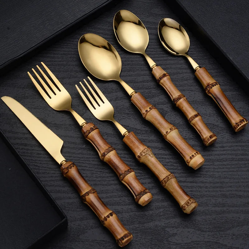 Bamboo Handle Tableware Western Food Steak Knife and Fork Cake Dessert Spoon Stainless Steel Knife and Fork