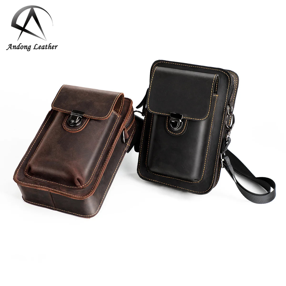 Andong Crazy Horse Leather Men Shoulder Messenger Bag Cowhide Wear Belt Phone Pocket Waist Pack Retro Male Sling Bags