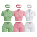 Women 3 Piece Shorts Set Custom LOGO Short Sleeve Zip up Jacket Booty and Shorts Headband Yoga Gym  Set for Women Casual