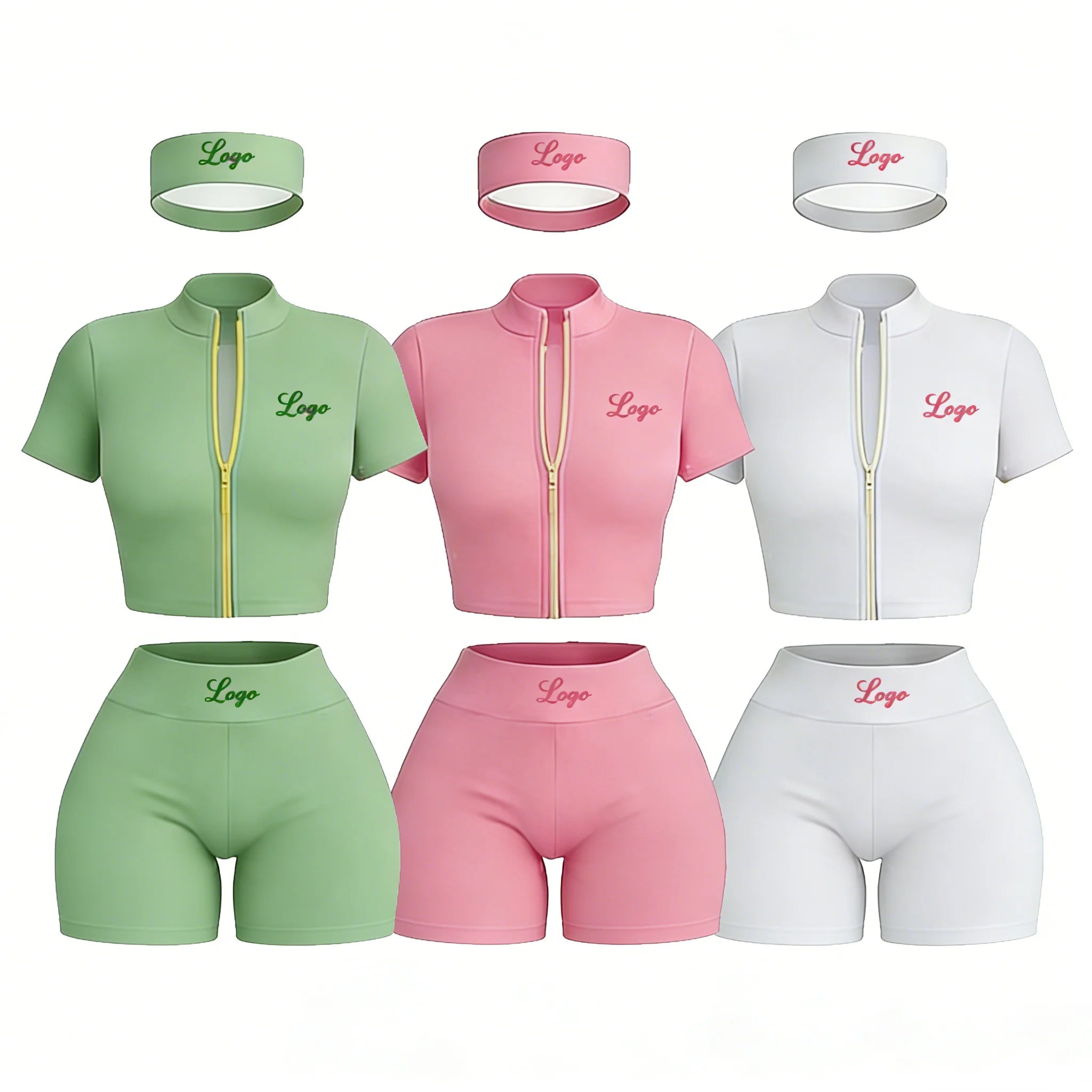 Women 3 Piece Shorts Set Custom LOGO Short Sleeve Zip up Jacket Booty and Shorts Headband Yoga Gym  Set for Women Casual
