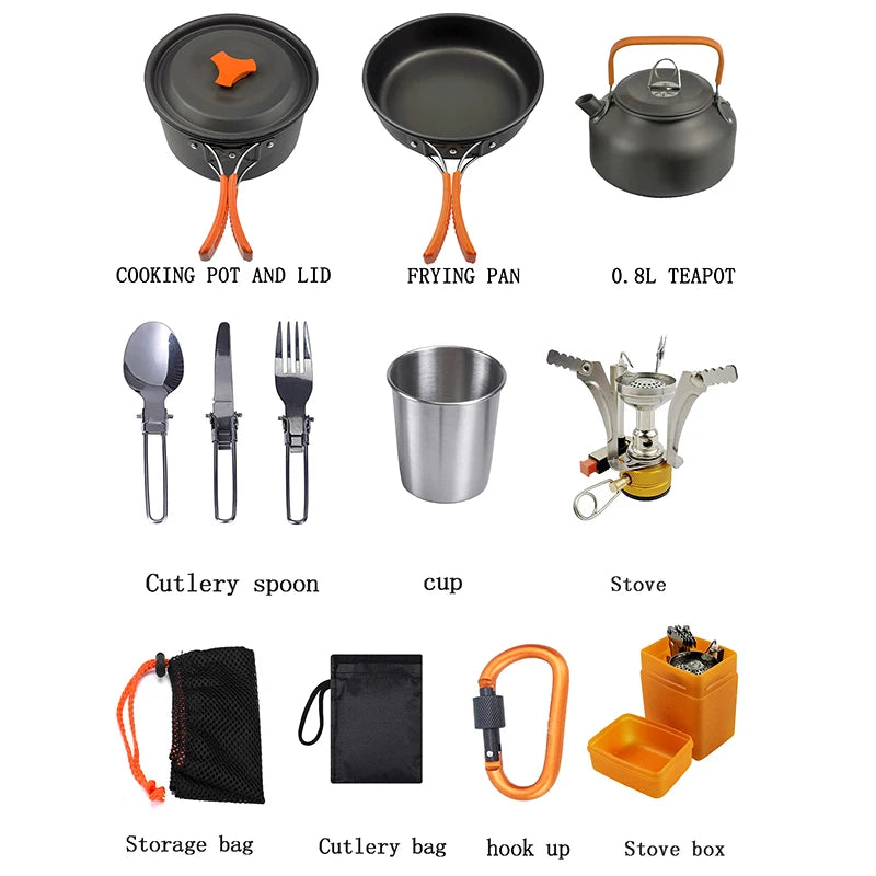 Cooking Pan Fry Pan Kettle Teapot Fork Spoon Water Cup Stainless Steel 10 in 1 Camping Picnic Stove Kit