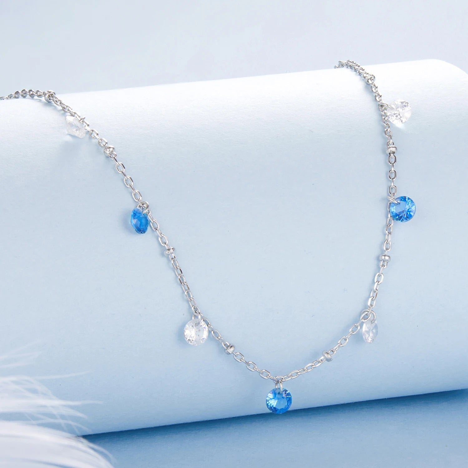 925 Sterling Silver Rhodium Plated Station Necklace with Simulated Diamond Star CZ Link Chain Choker for Women