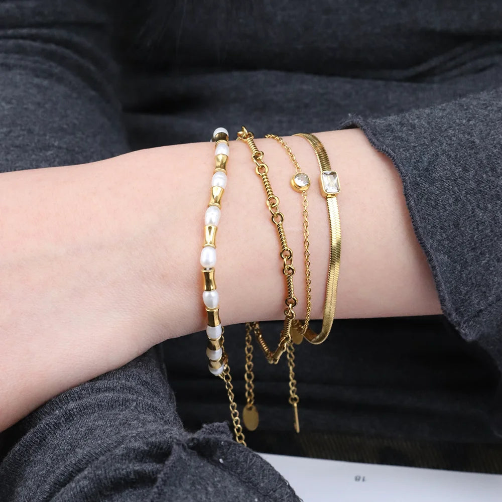 Chris April 316L Stainless Steel Natural Freshwater Pearls Funnel Beads Chain Bracelet