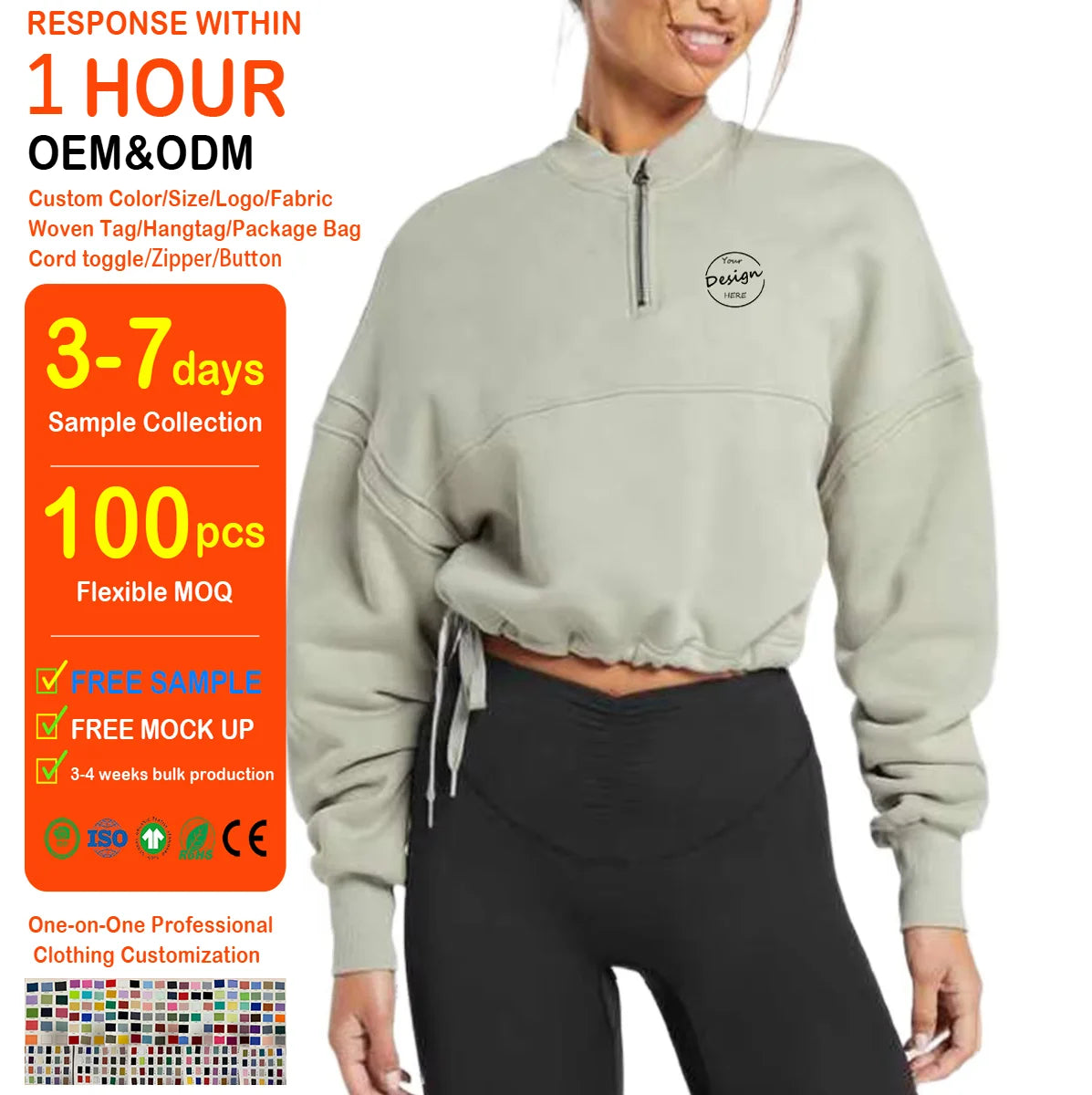 Bulk Cotton Fleece Custom Logo Ladies Luxury Half Zipper Crop Top Sport Oversized  Women Hoodies Sweatshirts for Ladies