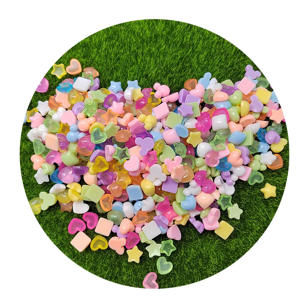 New 100Pcs/Lot Mini 15MM Star Heart Square Flat Back Resin Cabochons Slime Beads Scrapbooking Decoration DIY Accessories