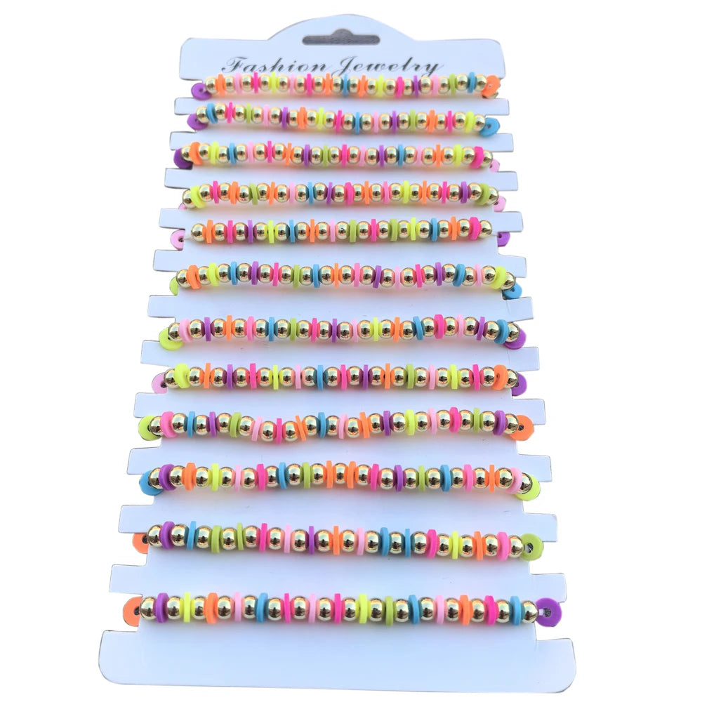 Custom Pink Blue Orange Mixed Color Soft Colorful Polymer Clay Bead Bracelet 14k Golden Beaded Bracelets for Women Jewellery