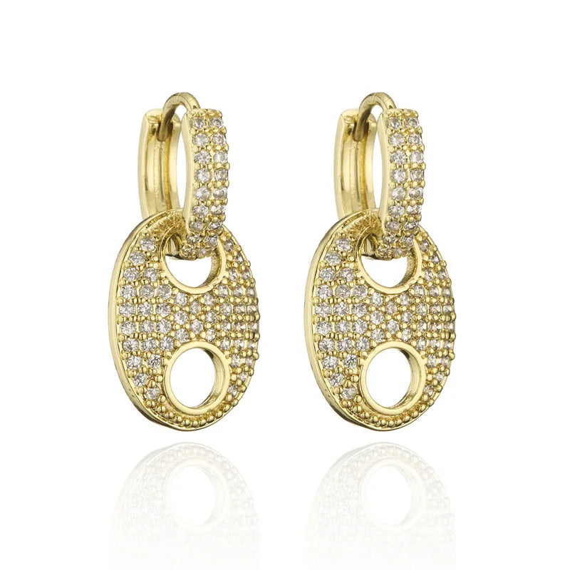 18K Gold Plated Ins Style Earrings Luxury Brass Full Inlaid Zircon Hoop Geometric Vintage Pattern for Party-Women