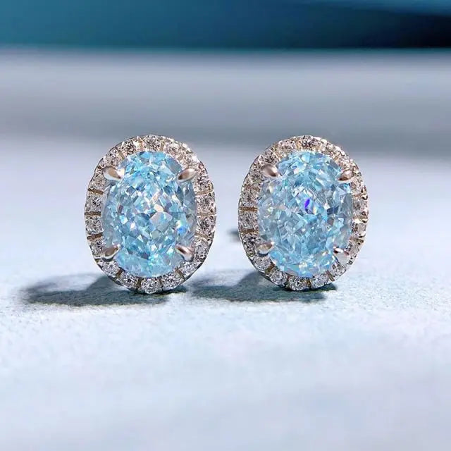 Fine Jewelry Sky Blue Cubic Zirconia 6x8 mm Oval Shape 925 Sterling Silver Fashion Jewelry Gift Women Elegant Stud Earrings