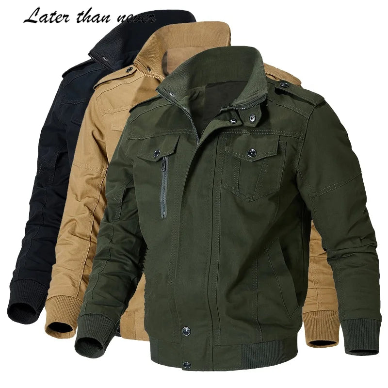 Khaki Polyester Winter Tactical Working Jacket for Men Windproof Outdoor Sports Safari Stand Collar Custom Dyed Airforce Style